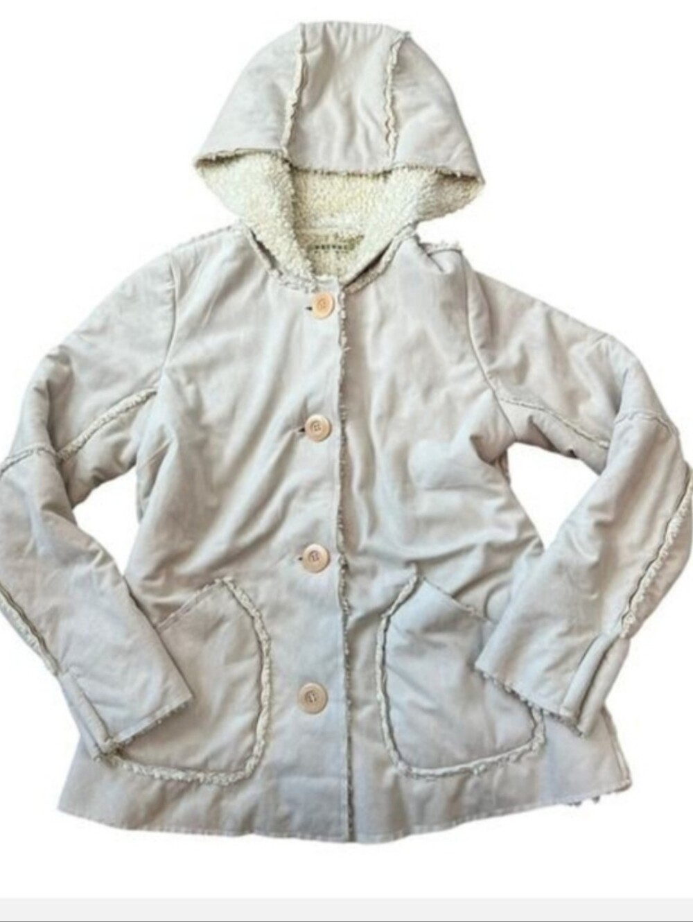 💥Sale💥Velvet Cream Suede Faux Fur Sherpa Lined Button-Front Hooded Jacket